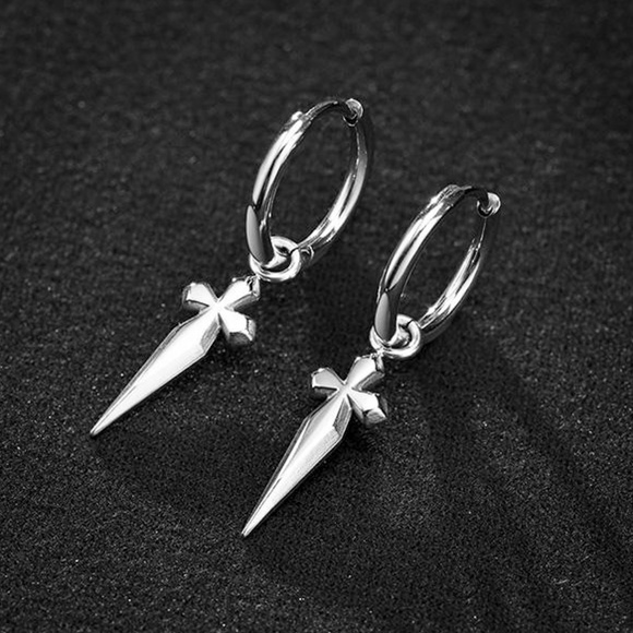 Solid Sterling Silver Dagger Sword Dangle Drop Men's Huggie Cross Hoop Earrings - Picture 1 of 3